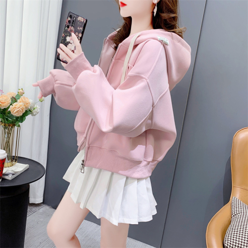 Official image 280g twill 2024 spring and autumn design-inspired short-sleeve solid color hooded sweatshirt jacket for women