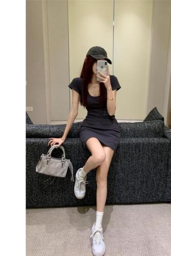 Real shot ~ Retro big U-neck collarbone-exposed elastic dress for women in spring and summer solid color casual waist-hugging short skirt