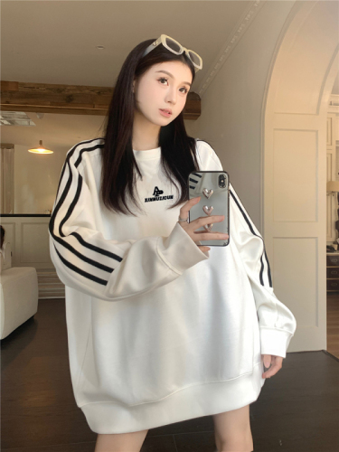 Back collar, non-pilling, cotton screw top, imitation cotton Chinese cotton composite 320g stripe embroidery autumn Korean style sweatshirt