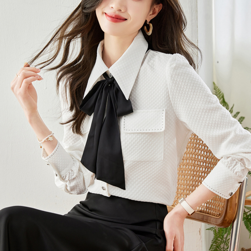 Actual shot◆Yes◆2024 Autumn White Temperament Versatile Top Contrast Color Bow Long Sleeve Shirt