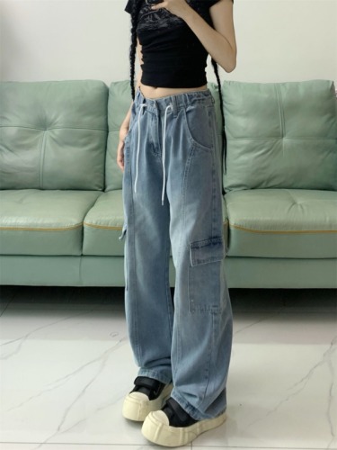 Actual shot ~ American retro overalls for women, high-waisted, slim, versatile, multi-pocket drawstring denim wide-leg pants