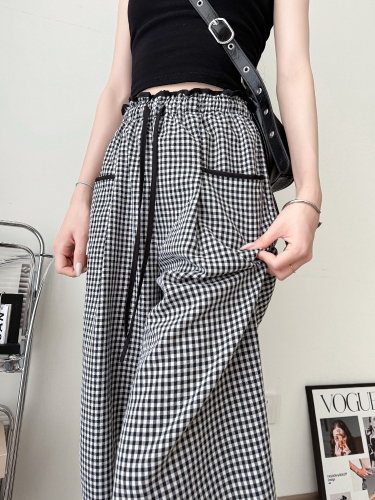 50% cotton original fabric hemmed plaid trousers summer high-waisted loose wide-leg trousers floor mopping all-match trousers