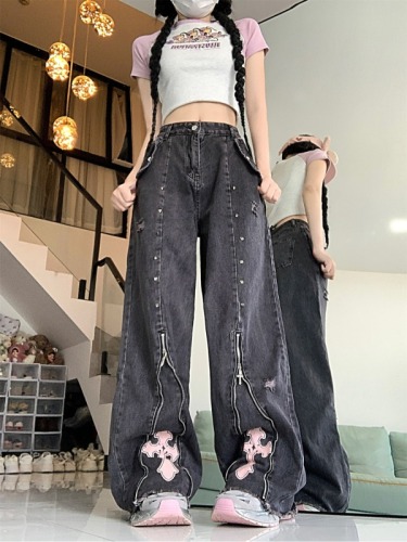 Actual shot ~ high street *** design niche punk subculture sweet and cool high-waisted straight jeans