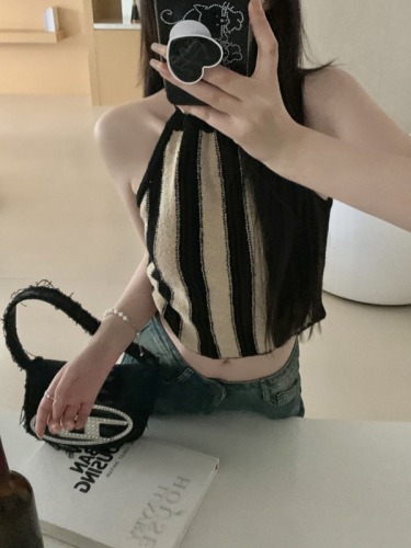 Tmall quality contrast striped knitted halter neck suspender women's summer back lace-up slim short top