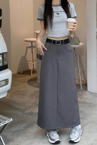 Actual shot~Korean style high-waist design slim suit skirt long A-line skirt skirt for women with belt