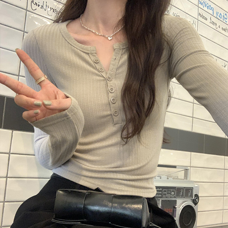Actual pictures of half-open collar, pit strips, right shoulder, long-sleeved T-shirt for women, summer new style, slimming, versatile basic top