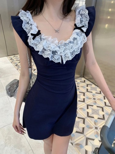 Official picture Lace splicing small flying sleeves dress women's summer French hottie waist-covering hip skirt temperament short skirt