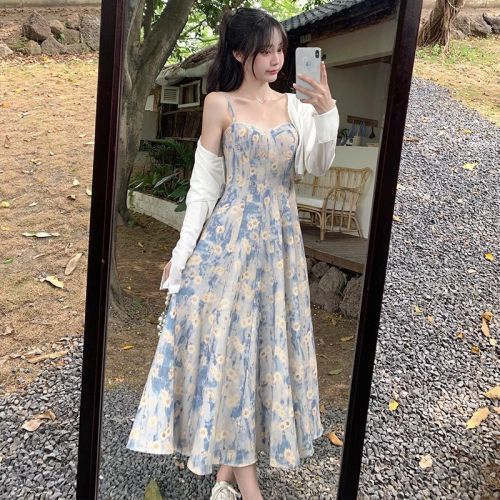 French oil painting blue floral suspender dress women's summer high-end temperament long skirt gentle wind fairy skirt