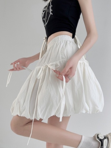 Bow tie flower bud fluffy short skirt women's summer design niche casual elastic high waist A-line skirt