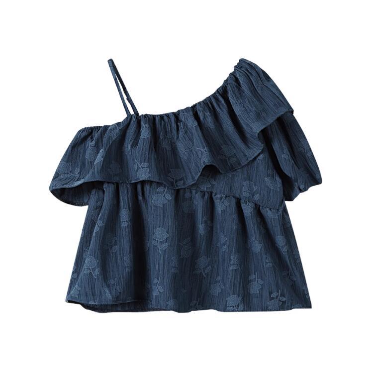 2024 New Dark Blue Printed Ruffled One-Shoulder Sling Shirt Women's Unique Sweet and Discreet Short Top