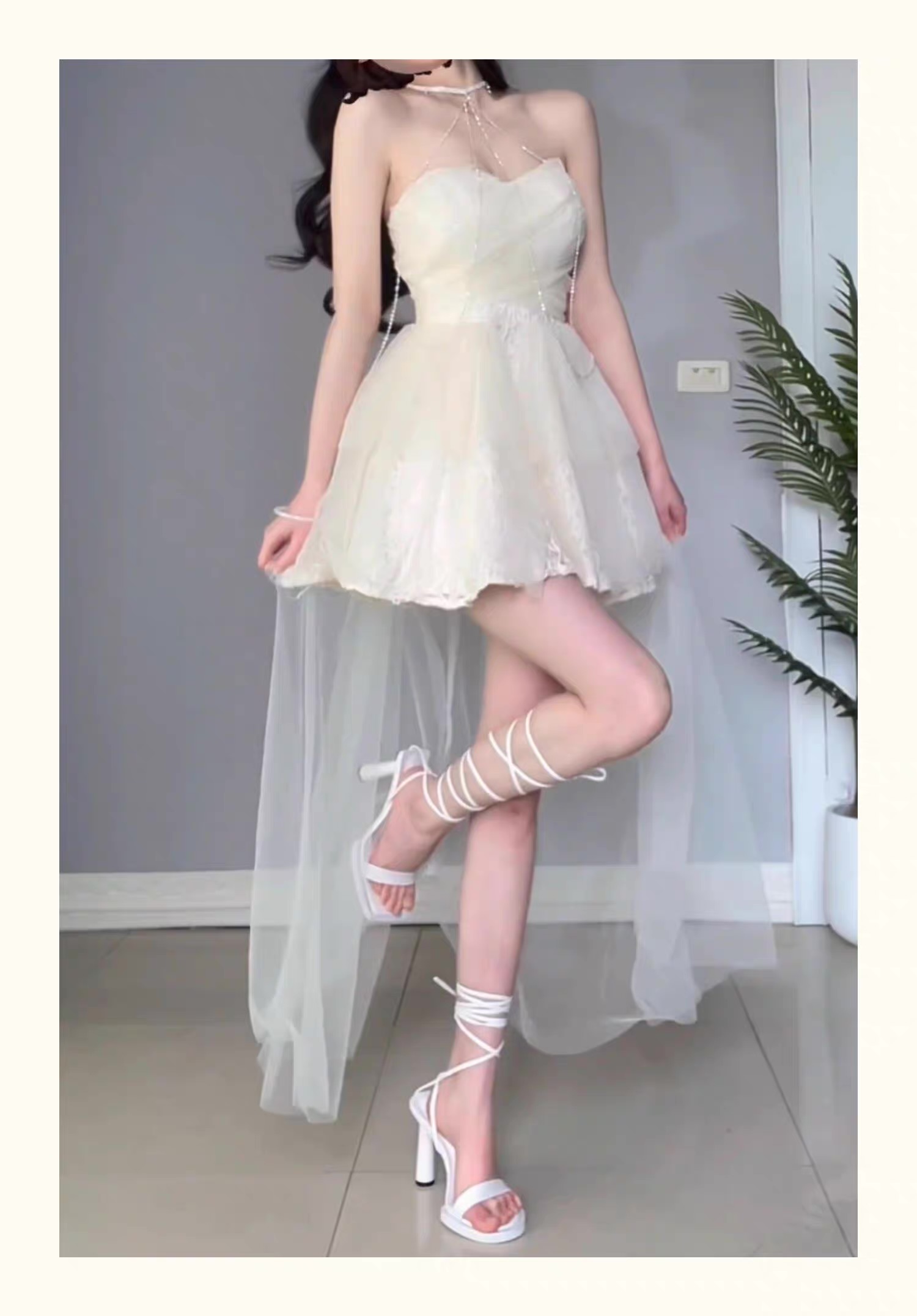 Tube top dress for women, high-end light luxury, niche trailing birthday party dress, waist slimming princess puffy skirt