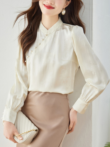 Already shipped. Actual shot of 2024 autumn Chinese style satin blouse Korean style sweet lady long sleeves half turtleneck chiffon