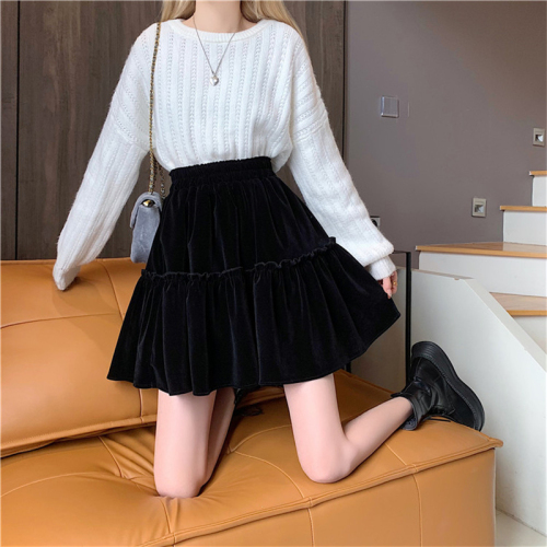 Official Photo Black Velvet Cake Skirt Women's Autumn and Winter High Waist A-Line Puff Skirt 2024 New Style