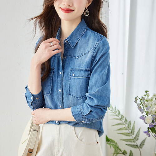 Already shipped 2024 new autumn denim shirt women's slim-fitting high-end temperament Tencel shirt jacket top