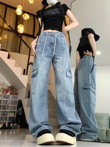 Actual shot ~ American retro overalls for women, high-waisted, slim, versatile, multi-pocket drawstring denim wide-leg pants