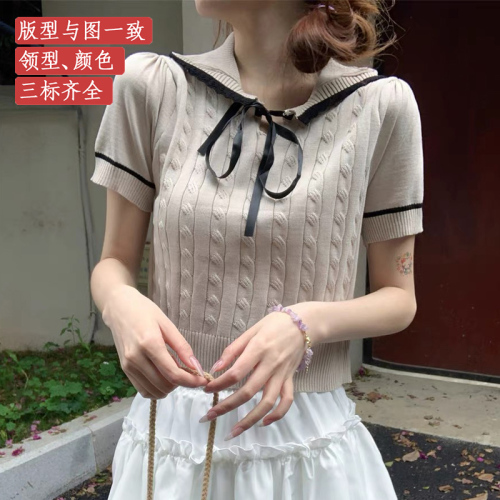 2024 new summer style doll collar sweet tops for women ice silk short-sleeved sweaters thin age-reducing short T-shirts