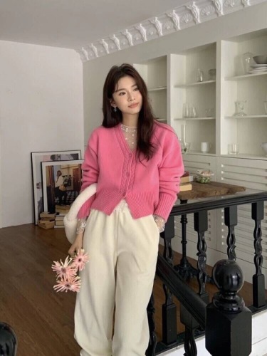 Haners Korean purchasing agent for artistic young women 2024 spring new product warm and soft waxy v-neck long-sleeved knitted cardigan