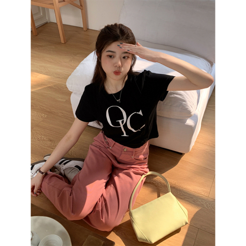 Real shot of American simple slim round neck pressed letter short-sleeved T-shirt for women summer Korean style casual short top