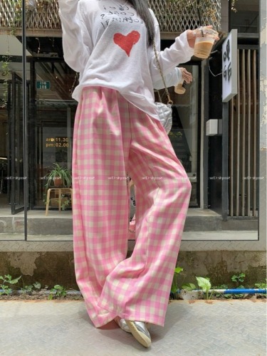 Three-dimensional waist with hemmed small fresh blue and white plaid oversize wide-leg pants with drapey straight floor-length pants