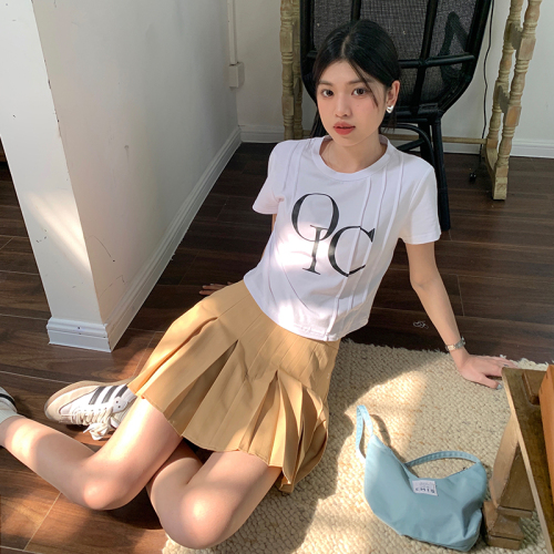 Real shot of American simple slim round neck pressed letter short-sleeved T-shirt for women summer Korean style casual short top