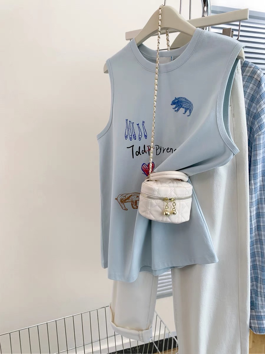 Blue printed short vest t-shirt for women summer 2024 new design niche outer wear right shoulder top