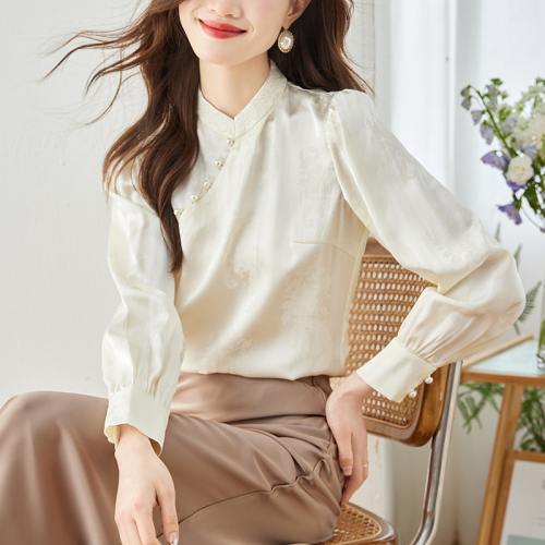 Already shipped. Actual shot of 2024 autumn Chinese style satin blouse Korean style sweet lady long sleeves half turtleneck chiffon