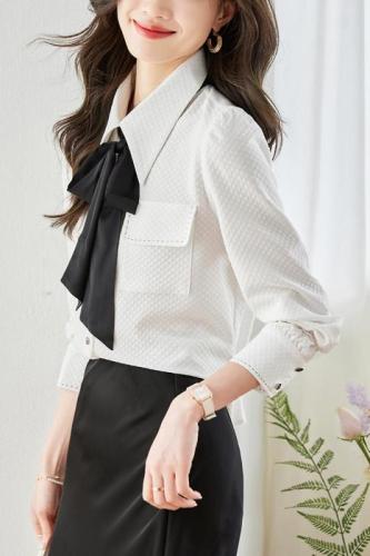 Actual shot◆Yes◆2024 Autumn White Temperament Versatile Top Contrast Color Bow Long Sleeve Shirt