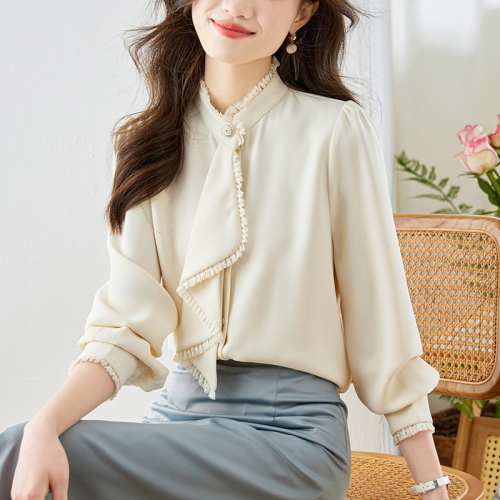 Already shipped, stand collar chiffon shirt women's long sleeve spring new style ruffled shirt French unique chic small upper