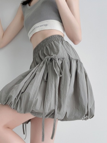 Bow tie flower bud fluffy short skirt women's summer design niche casual elastic high waist A-line skirt