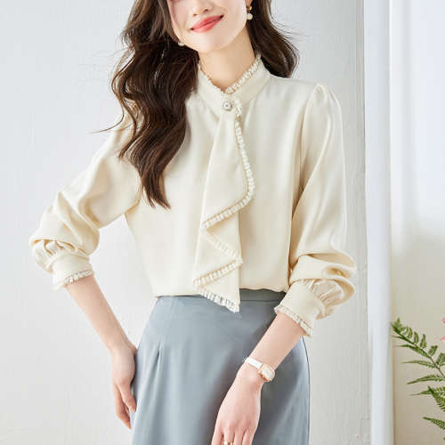 Already shipped, stand collar chiffon shirt women's long sleeve spring new style ruffled shirt French unique chic small upper