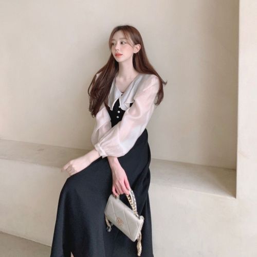 Pink doll collar fake two-piece dress spring plus size fat mm slimming French age-reducing temperament long dress tea break dress