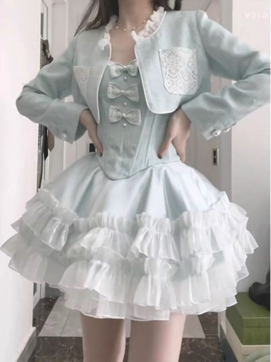 Gentle and sweet niche fugitive princess dress slimming waist suspender skirt tutu skirt + cardigan jacket suit for women