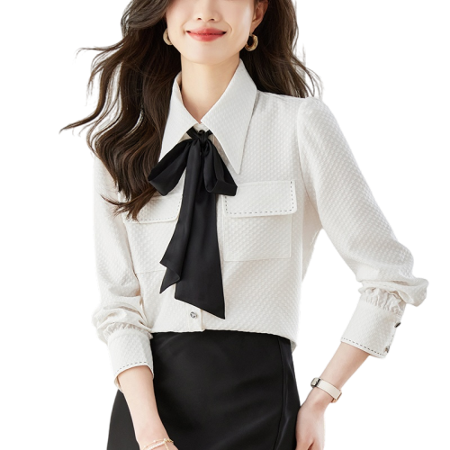 Actual shot◆Yes◆2024 Autumn White Temperament Versatile Top Contrast Color Bow Long Sleeve Shirt