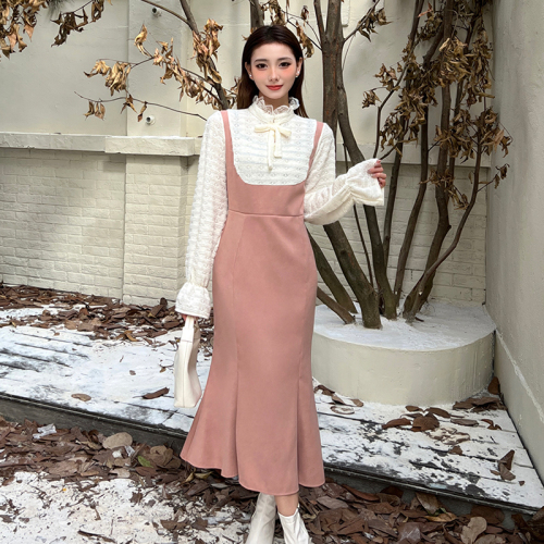 2024 Autumn and Winter New Contrast Color Splicing Dress Women's Waist Slimming Skirt French Gentle Lazy Long Sleeves