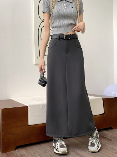 Actual shot ~ 2024 new Korean style suit skirt high waist slim long A-line skirt skirt for women with belt