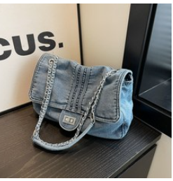 Denim bag women's 2024 new fashion large-capacity chain shoulder bag high-end commuting tote hobo bag