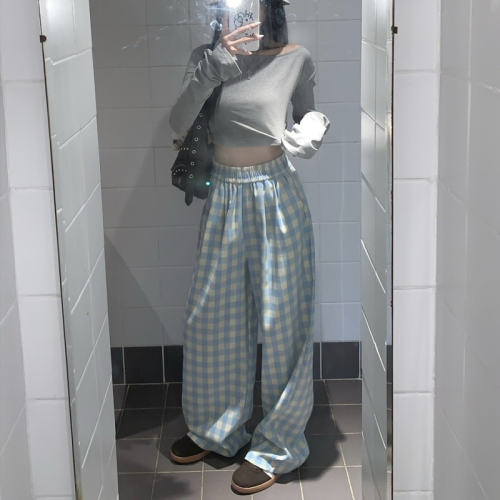 Three-dimensional waist with hemmed small fresh blue and white plaid oversize wide-leg pants with drapey straight floor-length pants