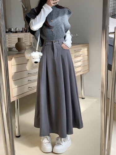 Large size black suit skirt for women in autumn and winter high waist drape A-line skirt makes fat mm slim and fashionable big swing umbrella skirt