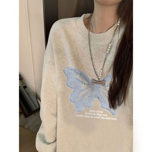 CVC cotton pasta wool Chinese cotton composite/milk silk 300g silver fox velvet 400g front printed round neck sweatshirt for women