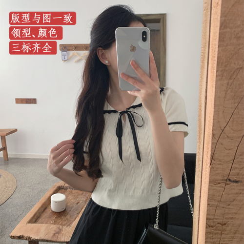 2024 new summer style doll collar sweet tops for women ice silk short-sleeved sweaters thin age-reducing short T-shirts