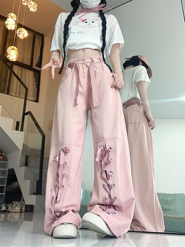 Actual shot ~ Dopamine girl bow tie cargo jeans high waist drape floor mopping pants