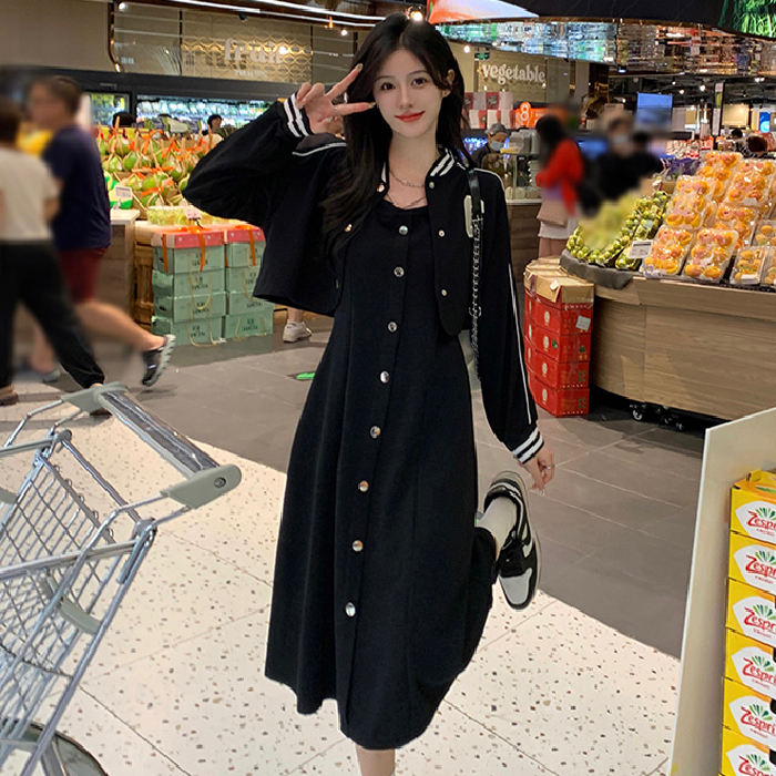 Original fabric + design, girly two-piece set for 2024 autumn, versatile dress and baseball coat, slimming and trendy