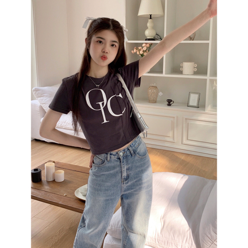 Real shot of American simple slim round neck pressed letter short-sleeved T-shirt for women summer Korean style casual short top