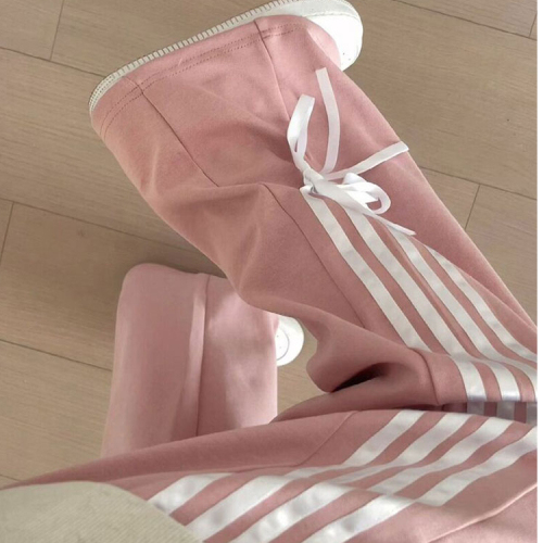 American pink bow elastic waist straight sweatpants for women in autumn and winter, loose slimming and drapey sports casual wide leg pants