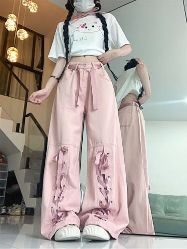 Actual shot ~ Dopamine girl bow tie cargo jeans high waist drape floor mopping pants