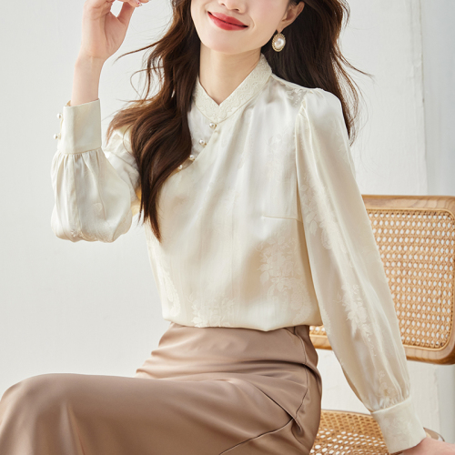 Already shipped. Actual shot of 2024 autumn Chinese style satin blouse Korean style sweet lady long sleeves half turtleneck chiffon