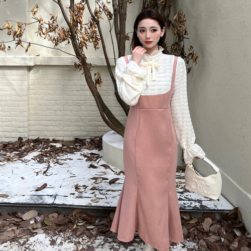 2024 Autumn and Winter New Contrast Color Splicing Dress Women's Waist Slimming Skirt French Gentle Lazy Long Sleeves