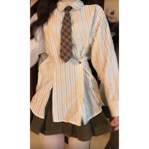 Original quality + tie dress shirt for women, French-style women's indie striped shirt