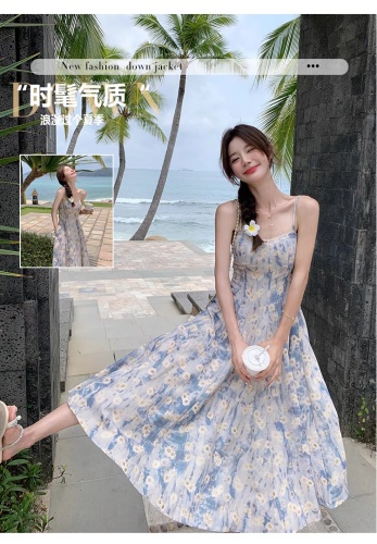 French oil painting blue floral suspender dress women's summer high-end temperament long skirt gentle wind fairy skirt