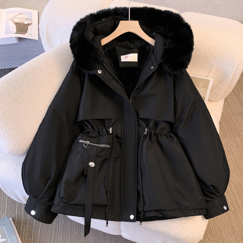 Parka women's mid-length waist slimming hooded large fur collar plus velvet cotton coat large size Korean style autumn and winter cotton coat